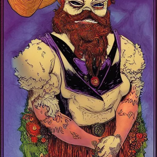 Image similar to a red bearded man wearing a purple luchadore mask and tuxedo, highly detailed, masterpiece, illustrated, art by rebecca guay