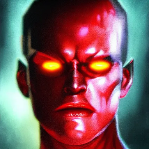Prompt: Bright, bloodred-colorful, realistic Cyber-roman rpg single individual headshot dramatic backlighting, kodachrome, high contrast, highly detailed, sharp focus, digital painting, concept art, illustration, trending on artstation, comic book by Alex Ross cover art