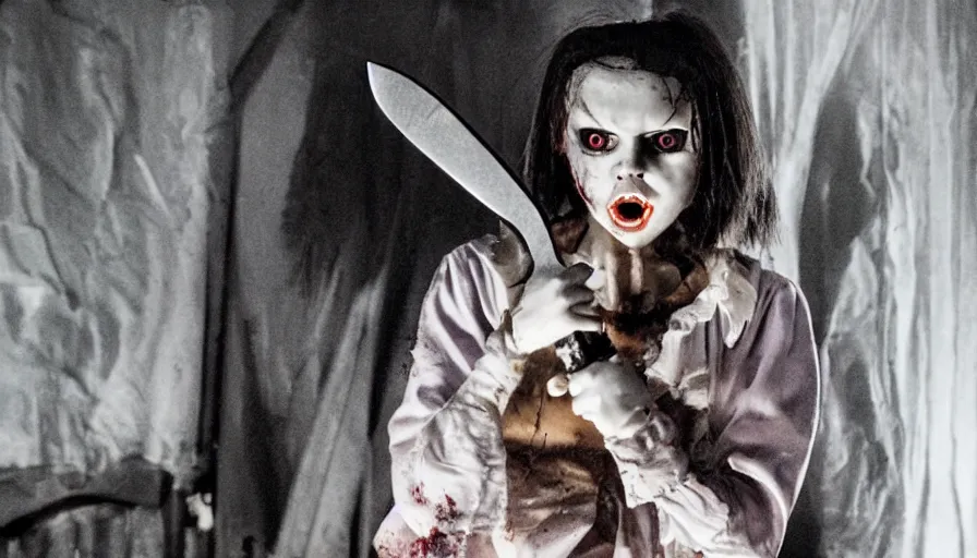 Image similar to big budget horror movie about an evil killer doll holding a bloody knife