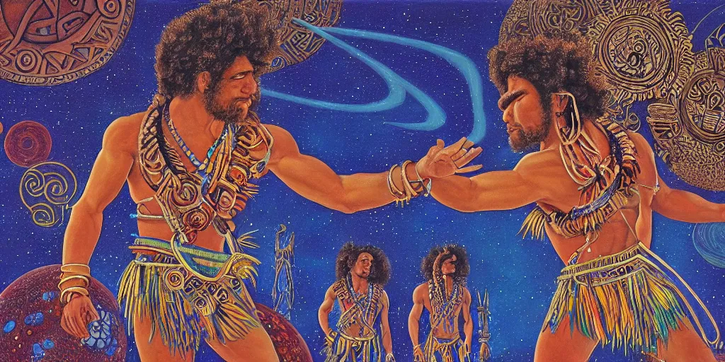 Image similar to an abstract space station background, a polynesian greek god dancing, clear eyes. 2 4 mm, photorealistic, muted color scheme, directed by mati klarwein