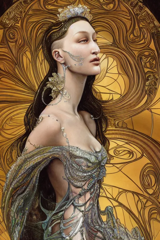 Image similar to a highly detailed painting of a beautiful alien goddess bella hadid in iris van herpen dress schiaparelli in diamonds in style of alphonse mucha art nuvo trending on artstation