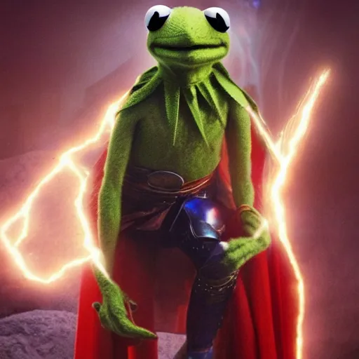 Image similar to photo of Kermit the frog as thor god of thunder in averngers movie