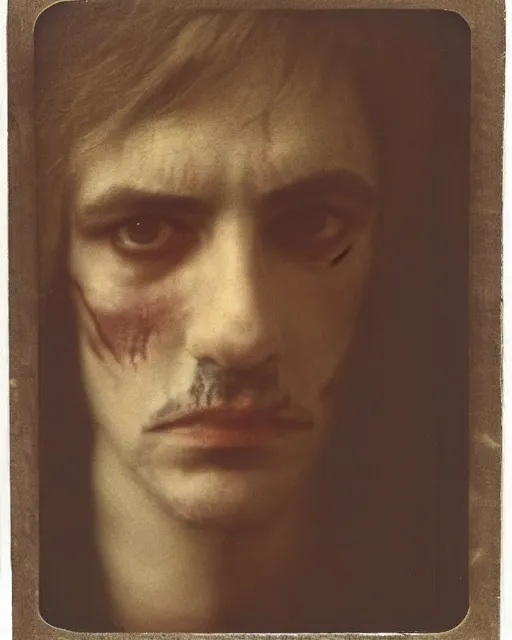 Image similar to an instant photo of a handsome but sinister ghost of a man in layers of fear, with violence in his eyes, 1 9 7 0 s, seventies, woodlands, delicate embellishments, a little blood, crimson, painterly, offset printing technique, by alexandre cabanel