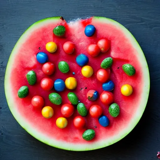 Image similar to watermelon blows up, explosion, and there are skittles inside, bursting