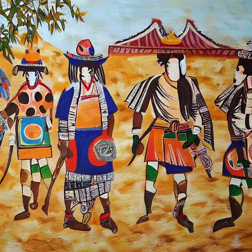 Image similar to Mural painting from a culture inspired by cowboys, Tuaregs and samurais