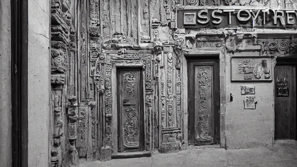 Prompt: detailed photograph of a doorway in a ( ( gray ) ) stoney extremely narrow nightclub hallway with a ( ( neon ) ) sign, aztec architecture, dimly lit, sharp focus