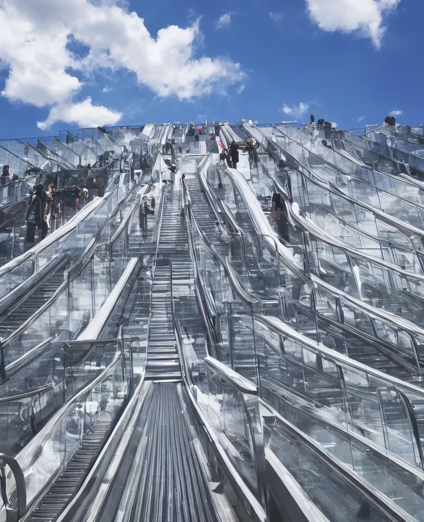 Image similar to rows of escalators leading endlessly into the sky, sunny day, clouds, cinematic, masterpiece