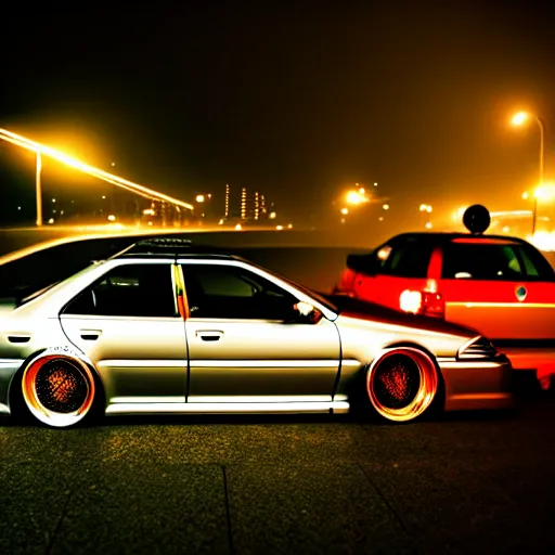 Image similar to a car JZX100 at illegal car meet, Chiba prefecture, city midnight mist lights, cinematic color, photorealistic, highly detailed, 50MM