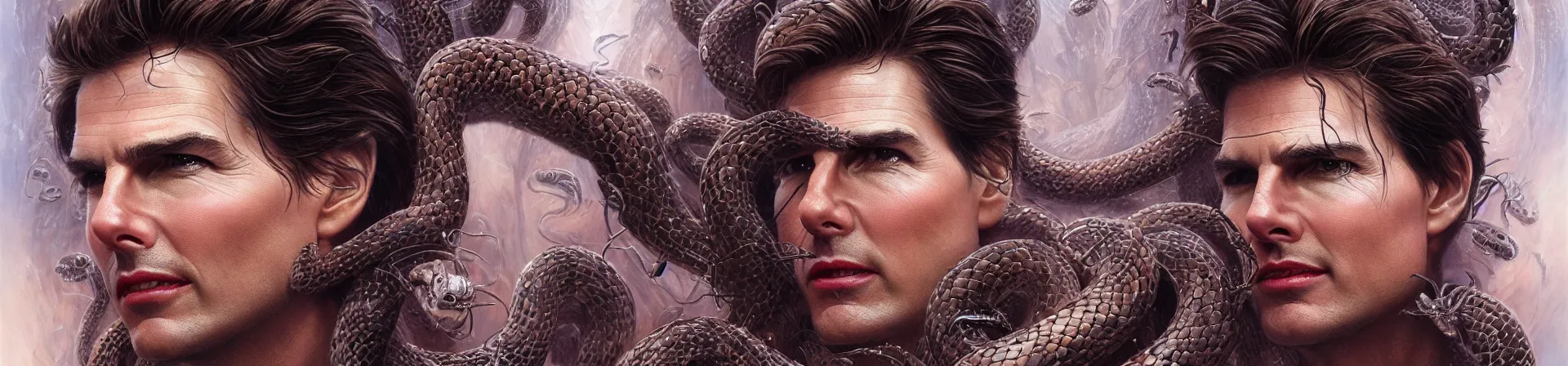 Prompt: beauty woman Tom Cruise with snakes for hair, Medusa, detailed face, surrounded by spiders, very detailed, dramatic lighting, electrical details, high details, 4k, 8k, trending on artstation, by Greg Rutkowski, Wayne Barlowe, Hajime Sorayama and Boris Vallejo