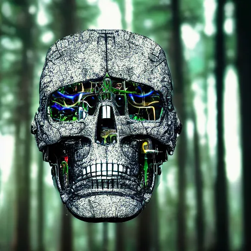 Image similar to super detailed portrait of a terminator's head, packed with cybernetics and and borg enhancements and has optic fibers inside. In a forest with bokeh.