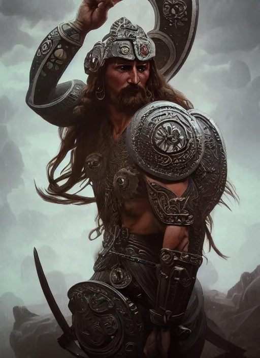 Image similar to ancient slavic warrior thunder god highly detailed portrait concept art, slavic folklore symbols, doom, artgerm, alphonse mucha, maxim sukharev, alexey egorov, kilian eng, trending on cgsociety, octane render, 8 k