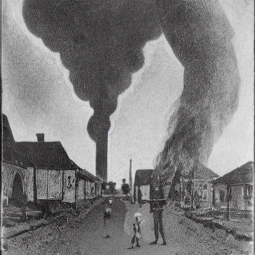 Prompt: scary unproportionally tall ghost creature in the middle of a village on fire, 1900s picture