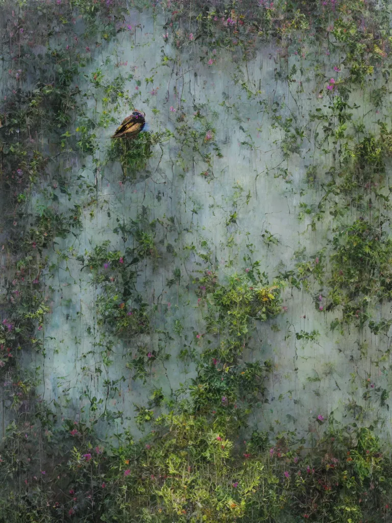 Prompt: abstract wall, hyperrealistic sparrows, impressionist greenery, sea visible through the cracks in the paint. By Gregory Mortenson, Alyssa Monks, Stephen Bauman, Conor Walton, Casey Baugh, Jeremy Lipking, Adam Miller, Mario Robinson. oil on canvas.