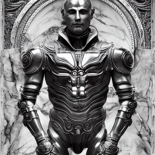 Image similar to Prometheus Engineer, highly detailed, symmetrical long head, smooth marble surfaces, detailed ink illustration, raiden metal gear, cinematic smooth stone, deep aesthetic, concept art, post process, 4k, carved marble texture and silk cloth, latex skin, highly ornate intricate details, in the style of frank miller