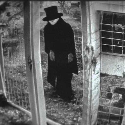 Image similar to cctv security cam grainy black and white footage of baron samedi in an spooky graveyard. baron samedi is looking at the camera.