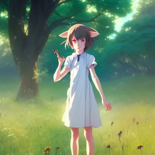 Image similar to a film still portrait of an anthropomorphic rat girl standing in a meadow under a tree, finely detailed features, closeup on the faces, perfect art, gapmoe yandere grimdark, trending on pixiv fanbox, painted by greg rutkowski makoto shinkai takashi takeuchi studio ghibli, akihiko yoshida