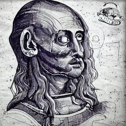 Image similar to ink draw of 👽 very detailed, leonardo da vinci blueprint style