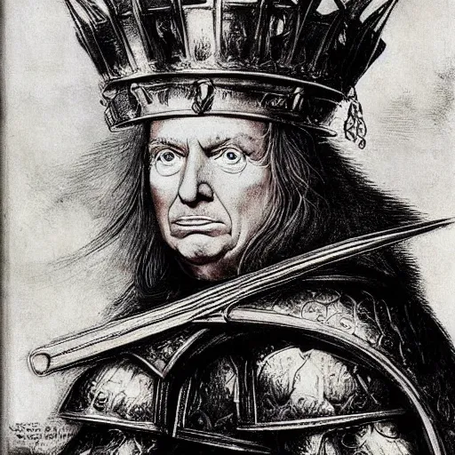 Prompt: donald trump wearing knights armor!!!!, donald trump holding a crazy broadsword, donald trump ’ s highly detailed face, donald trump ’ s handsome face, by hans holbein