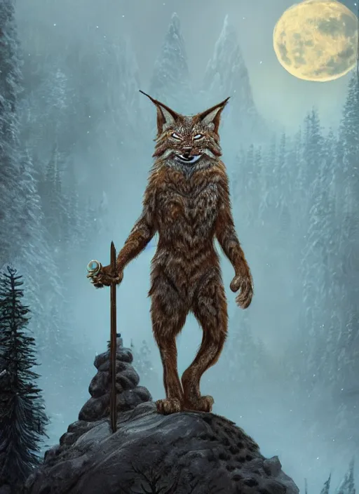 Prompt: anthropomorphic lynx holding a golden intricately decorated shiny scepter, night, spruce trees on the sides, mountains in the background, eerie dark atmosphere, moonlit, back light, in the style of fantasy movie, fantasy art, fantasy matte painting, bowater, amano, trending on artstation