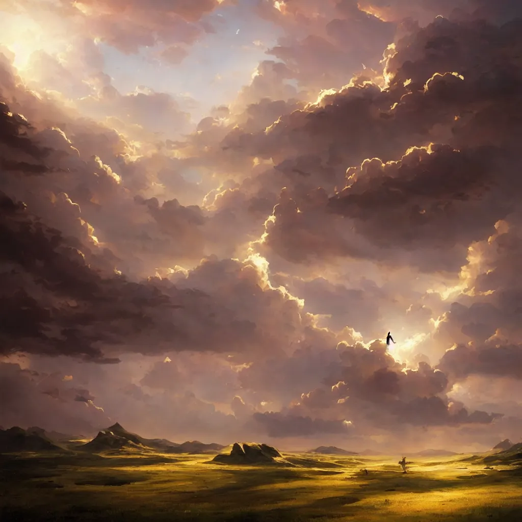 Image similar to a sending down [ of the revelation ] from him who created the earth and the lofty heavens, overdetailed art, by greg rutkowski, by rhads, sharp focus, man standing