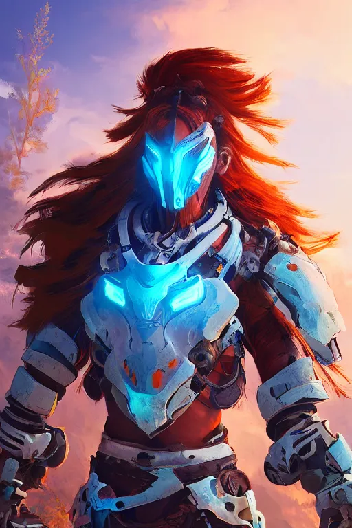 Image similar to combination suit armor aloy horizon forbidden west horizon zero dawn radiating a glowing aura global illumination ray tracing hdr fanart arstation by ian pesty and alena aenami artworks in 4 k tribal robot ninja mask helmet backpack