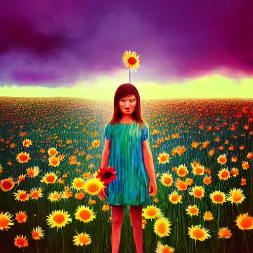 Image similar to face made of many daisies, girl standing barefoot in a flower field, holding flowers, surreal photography, sunrise dramatic light, impressionist painting, colorful clouds, large sky, digital painting, artstation, simon stalenhag, flower face