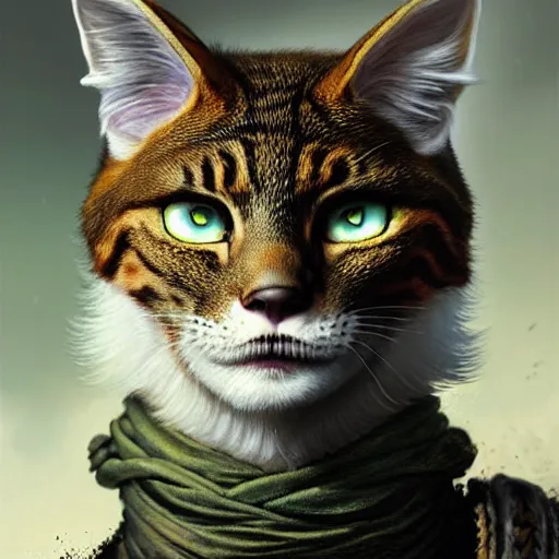 Prompt: portrait painting of a punk tabaxi assassin with green eyes and snow white fur, ultra realistic, concept art, intricate details, eerie, highly detailed, photorealistic, octane render, 8 k, unreal engine. art by artgerm and greg rutkowski and charlie bowater and magali villeneuve and alphonse mucha