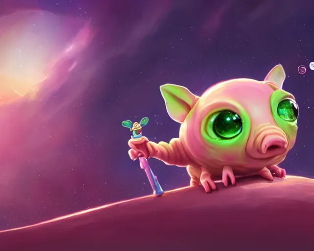 Image similar to 3D Fantasy Cute and adorable small alien piggy in space, huge adorable eyes, bright stars, Smooth 3D Illustration, soft render, Servando Lupini, Daniil Kudriavtsev, handpaint texture, Blender, 3DCoat