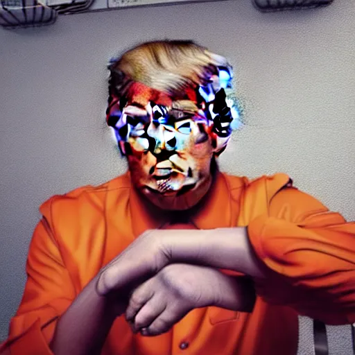 Prompt: “Donald trump sitting at a prison table surrounded by convicts in orange jumpsuits, he looks sad and afraid, realistic, detailed portrait, 4K, octane render”