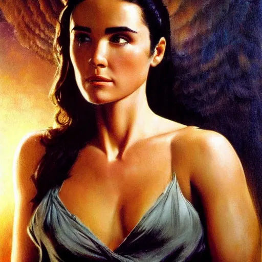 Image similar to frank frazetta portrait of jennifer connelly as angelic light being, full body, 8 k, realistic, photo real, smooth, sharp, intricate detail, hyper detail, dramatic lighting, dramatic shading