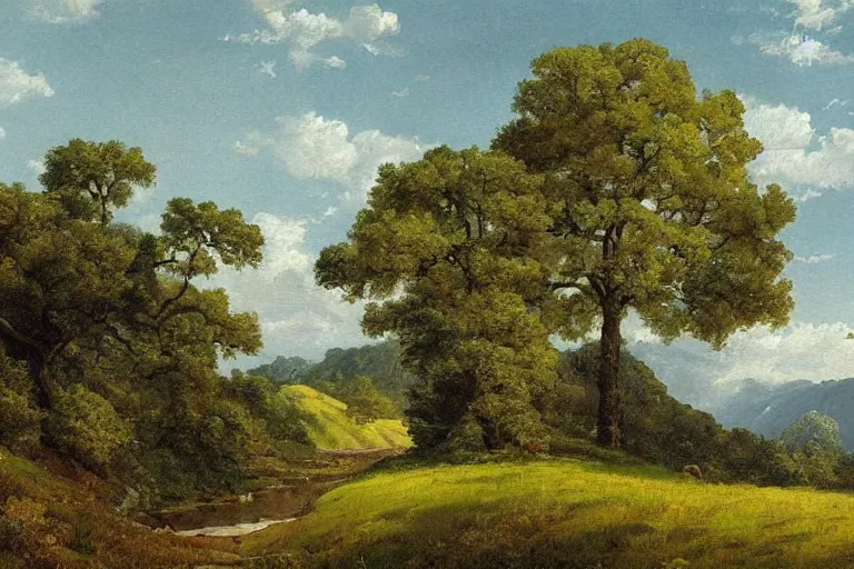 Prompt: masterpiece painting of oak trees on a hillside overlooking a creek, by arthur frank mathews