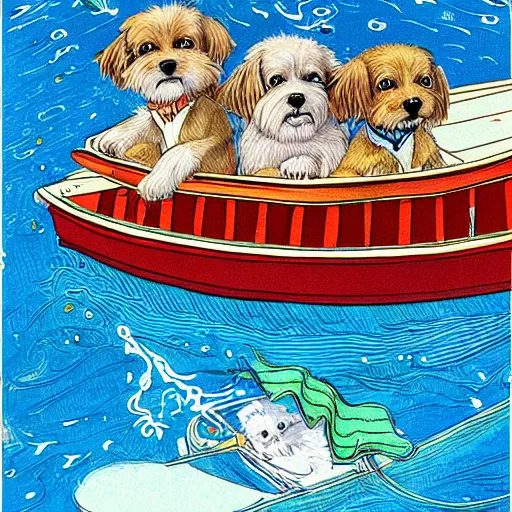 Image similar to a masterpiece detailed illustration of a very cute dog on a boat. the scene is detailed and beautiful, and combines the style of michael foreman, gyo fujikawa, and jane clarke.