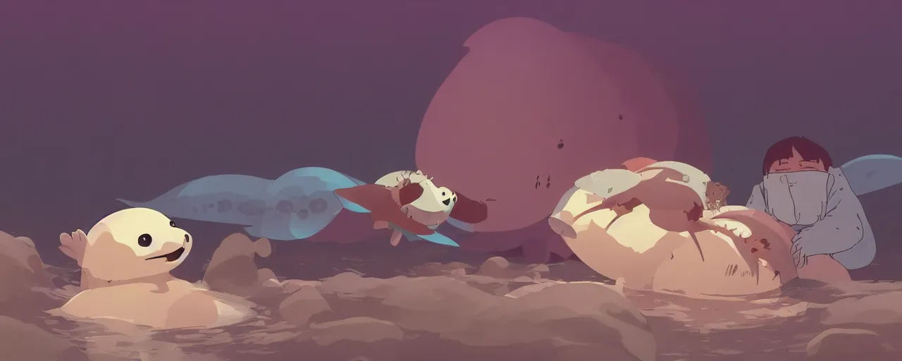 Image similar to piranhas attacking a baby harp seal in a tropical river, blood in the water, atey ghailan, goro fujita, studio ghibli, rim light, dark lighting, clear focus, very coherent