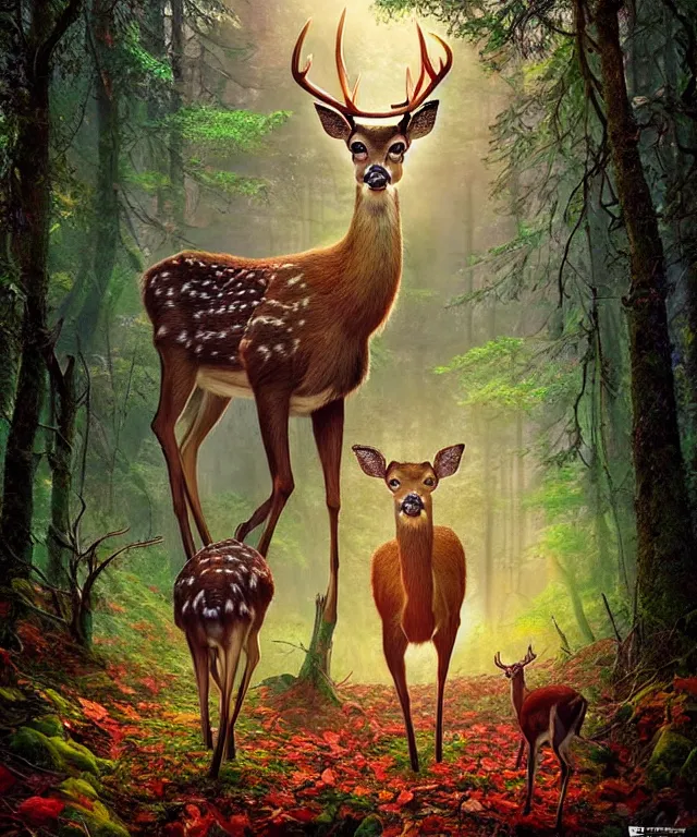 Image similar to a realistic deer, walking through a psychedelic forest, wide angle landscape shot, pixar style by tristan eaton, artgerm and tom bagshaw