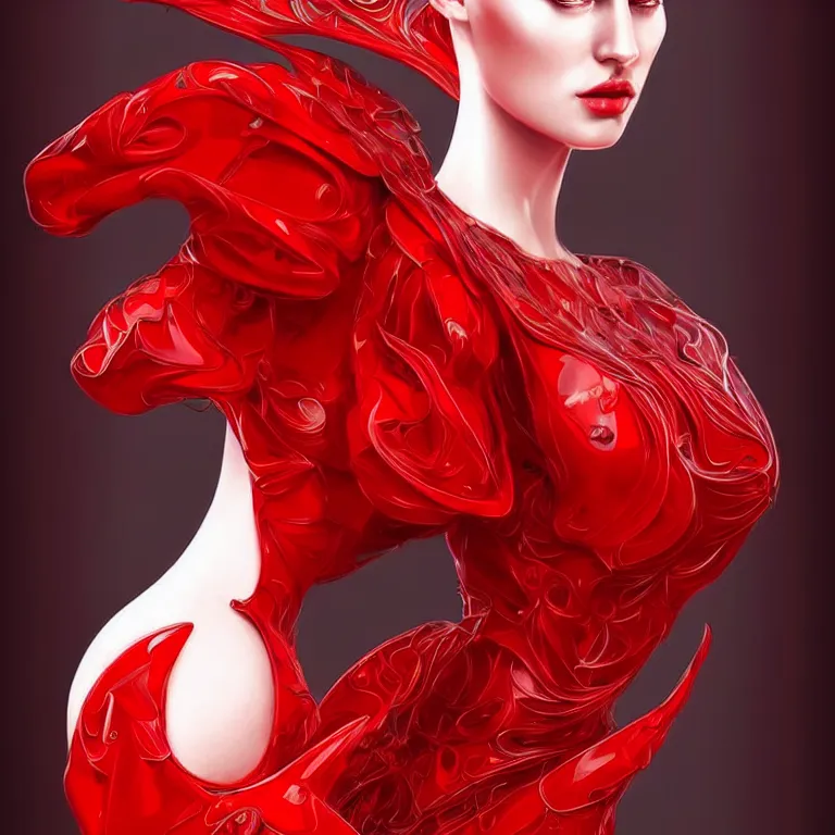 Image similar to epic professional digital art portrait of gorgeous thin white woman with perfect face in armoured red dress, detailed, by wayne haag, reyna rochin, iris van herpen, artstation, cgsociety, epic, stunning, gorgeous, much wow.