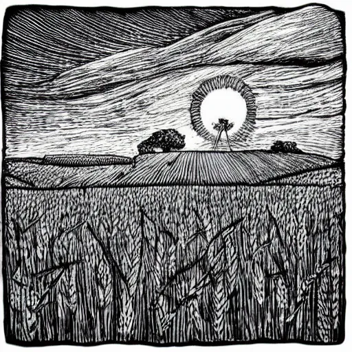 Prompt: “ lush fields of wheat, night, picturesque, dreamy, ethereal, atmospheric, hand drawn, highly detailed, intricate ”