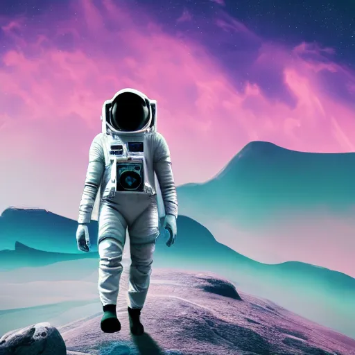 Prompt: a futuristic astronaut walking on an alien psychedelic planet with strange colorful clouds and mountains, 8 k