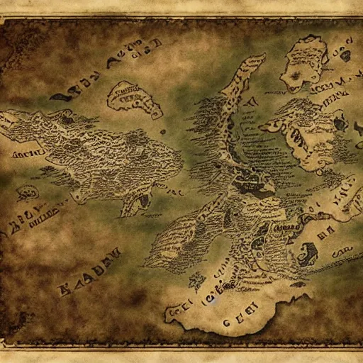 Image similar to middle earth style world map, medieval map, 8 k,