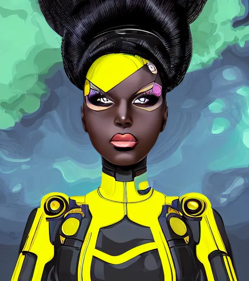 Image similar to a digital painting of a black female android with futuristic hair and yellow make-up, a comic book panel by Craig Thompson, behance contest winner, afrofuturism, marvel comics, official art, artstation hq