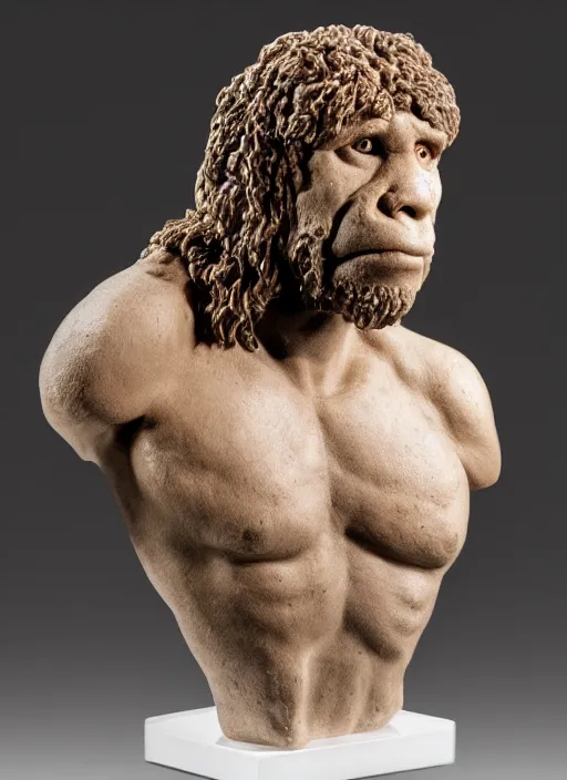 Image similar to a bust sculpture of a neandertal with animal face features, detailed, anatomically correct, ceramic base, orthographic, studio lighting, expresive