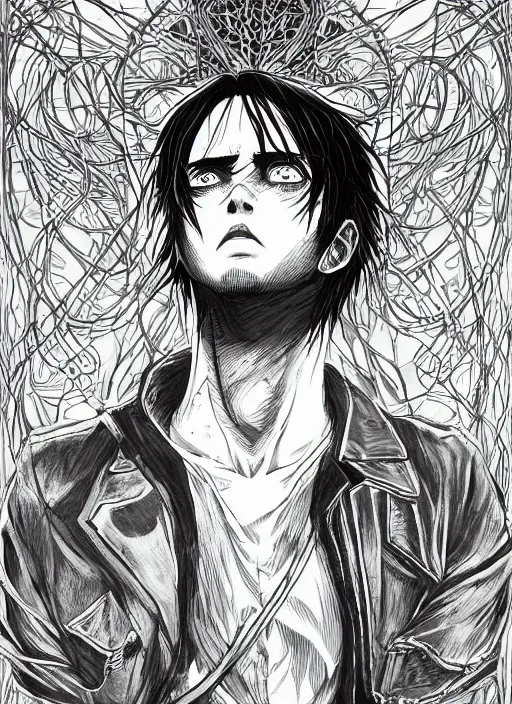 Image similar to portrait of eren yeager, an ultrafine detailed illustration by james jean, intricate linework, bright colors, final fantasy, behance contest winner, vanitas, angular, altermodern, unreal engine 5 highly rendered, global illumination, radiant light, detailed and intricate environment