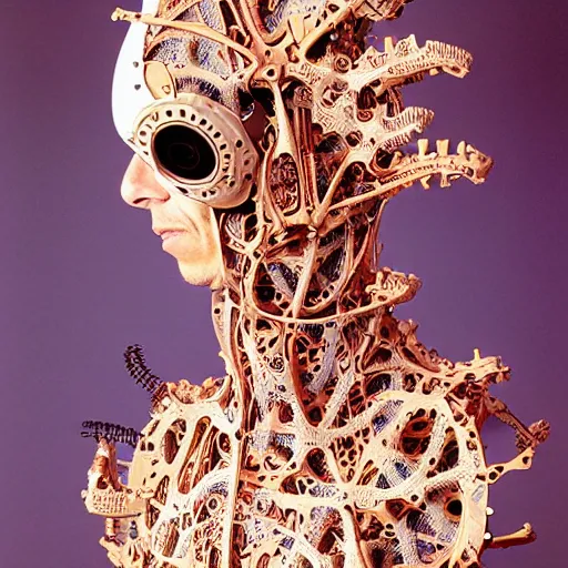 Prompt: biomechanical ben stiller cyborg with a porcelain profile face, analog, big leaves foliage and stems, morning glory flowers, hibiscus flowers, boho floral vines, hexagonal mesh fine wire, sinuous fine roots, alexander mcqueen, art nouveau fashion embroidered, steampunk, mandelbrot fractal, picture taken in 1 9 9 0