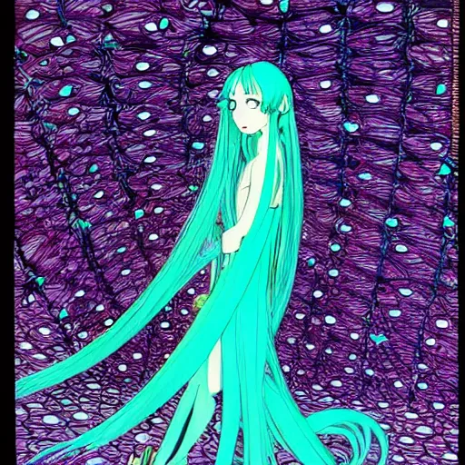 Image similar to hatsune miku, long teal hair, artwork by Harry Clarke, highly detailed