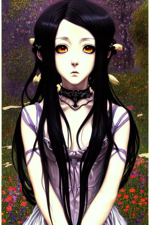 Image similar to portrait of beautiful young gothic anime maiden, cute-fine-face, pretty face, realistic shaded Perfect face, fine details. Anime, cyberpunk, Warhammer, highly detailed, cyberpunk, Warhammer, highly detailed, cyberpunk, Warhammer, highly detailed, artstation, illustration, art by Ilya Kuvshinov and Gustav Klimt and Gustav Klimt and Gustav Klimt and Gustav Klimt