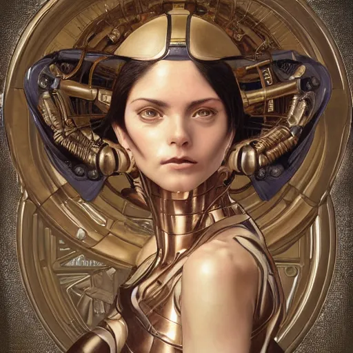 Prompt: Masterpiece portrait of battle angel Alita drawn by Donato Giancola and Tom Bagshaw, face by Artgerm and Edmund Leighton, Alphonse Mucha, background by James Jean and Gustav Klimt, 4k, posthuman, robotic body, porcelain skin, komorebi, french nouveau, trending on pixiv, octane render, hyperrealistic