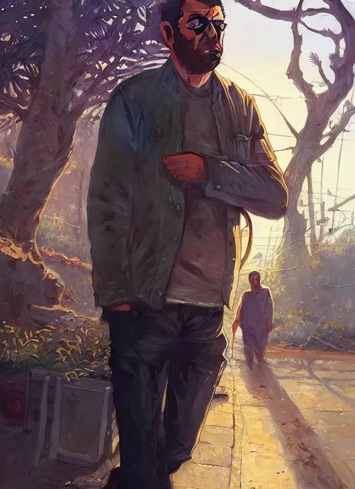 Image similar to highly detailed portrait of iranian man in gta v, stephen bliss, unreal engine, fantasy art by greg rutkowski, loish, rhads, ferdinand knab, makoto shinkai and lois van baarle, ilya kuvshinov, rossdraws, tom bagshaw, global illumination, radiant light, detailed and intricate environment