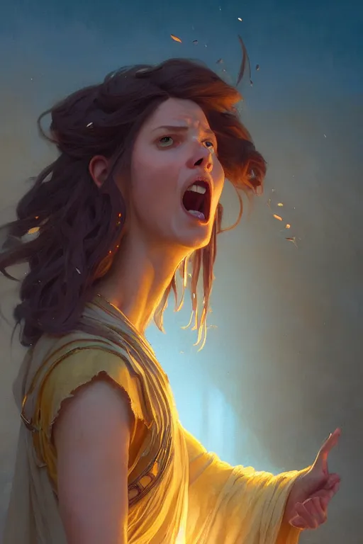 Prompt: high detail portrait, screaming woman wearing an ancient greek yellow paper tunic, stephen bliss, fantasy art by greg rutkowski, rhads, ferdinand knab, makoto shinkai and lois van baarle, ilya kuvshinov, rossdraws, tom bagshaw, global illumination, radiant light, ancient greek temple ruins, orange and blue color theme