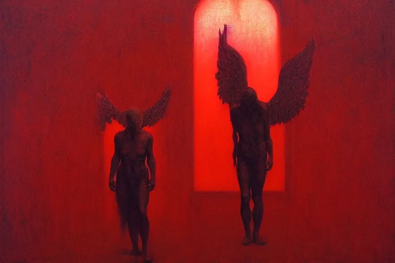 Image similar to only with red, a red angel announce the win, at the gates of a rich renaissance city, pathos, in the style of beksinski, part by hopper, part by rodcenko, part by hofbauer, intricate composition, red by caravaggio, insanely quality, highly detailed, masterpiece, red light, artstation