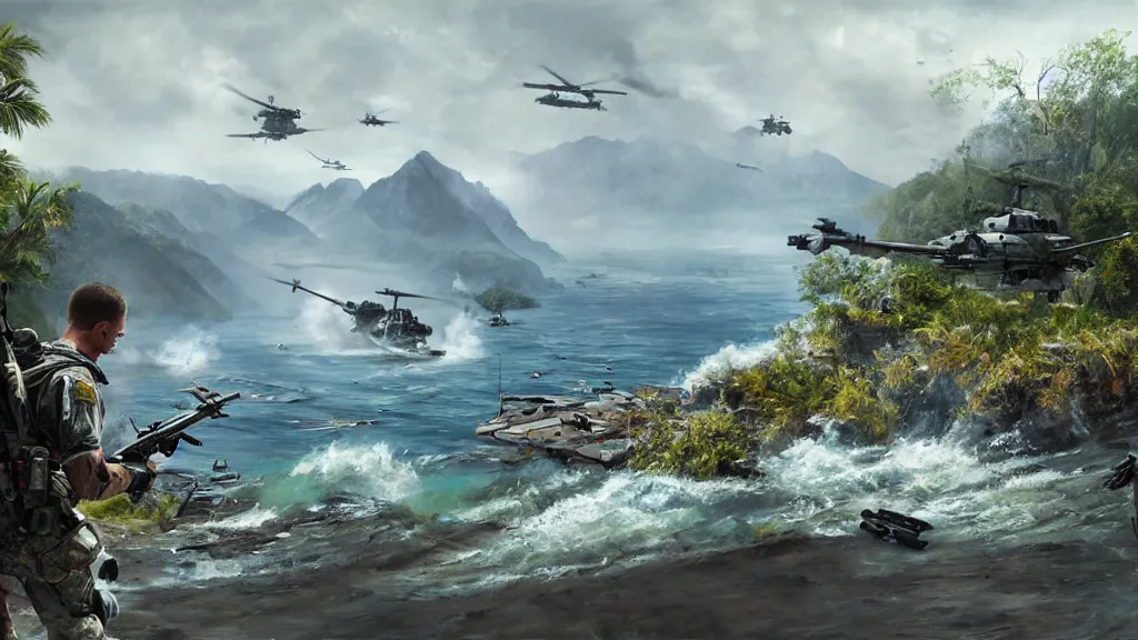 Prompt: battlefield 4 island, painting