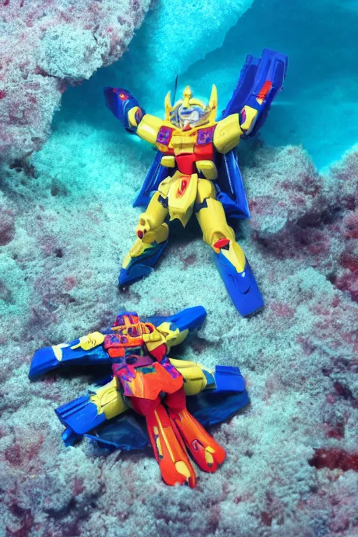 Prompt: Kodak portra 160, 8K, highly detailed, portrait, starfish pose, focus on blue armour: famous gundam in low budget movie remake, underwater scene